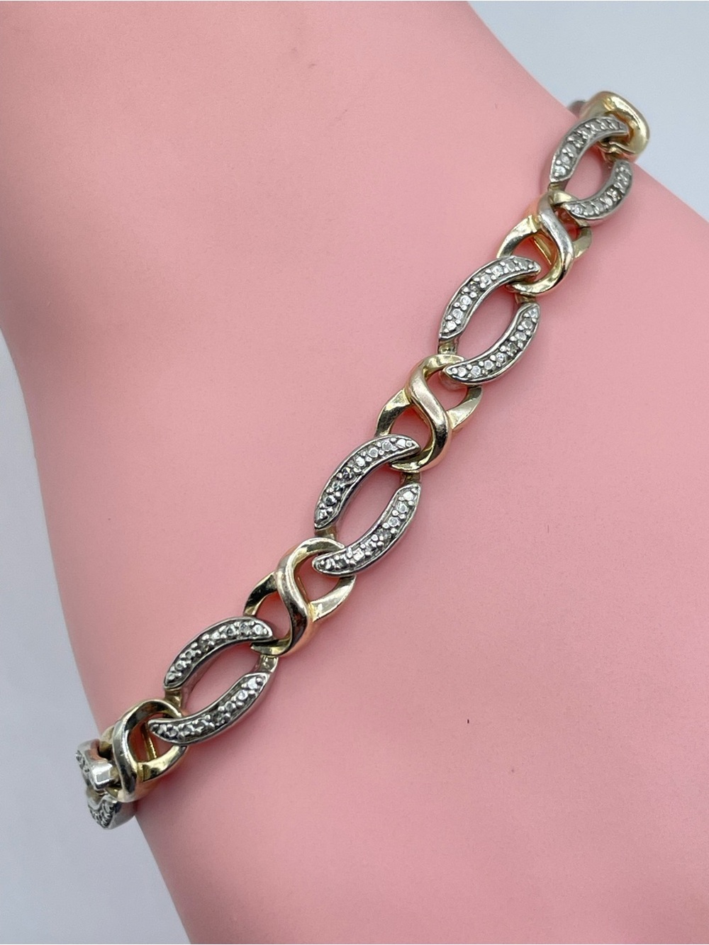 Sterling Silver Genuine Diamond Link Bracelet Two Tone Elegant Tennis Style